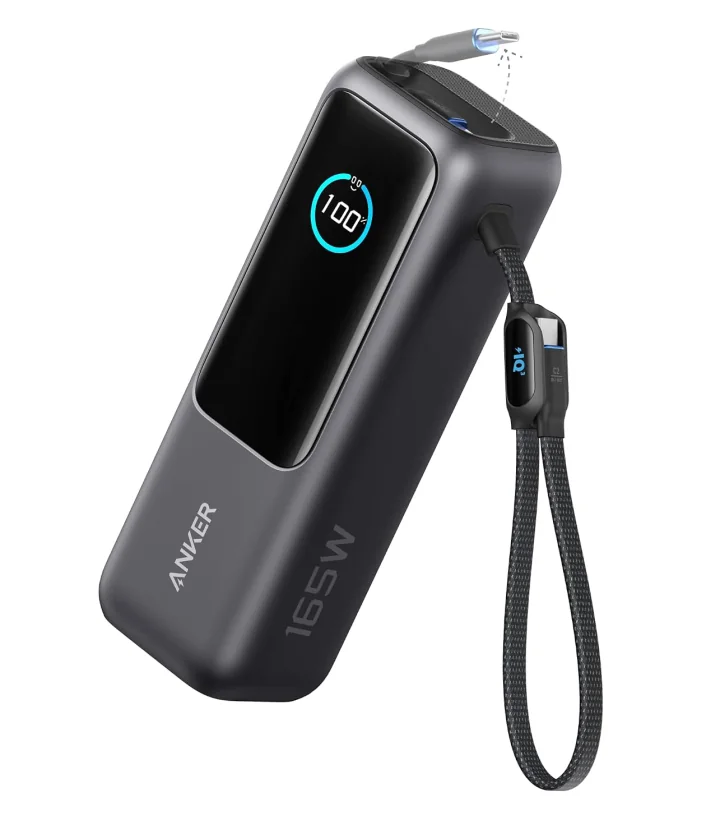 Anker 165W power bank with a built-in USB-C cable and a percentage display