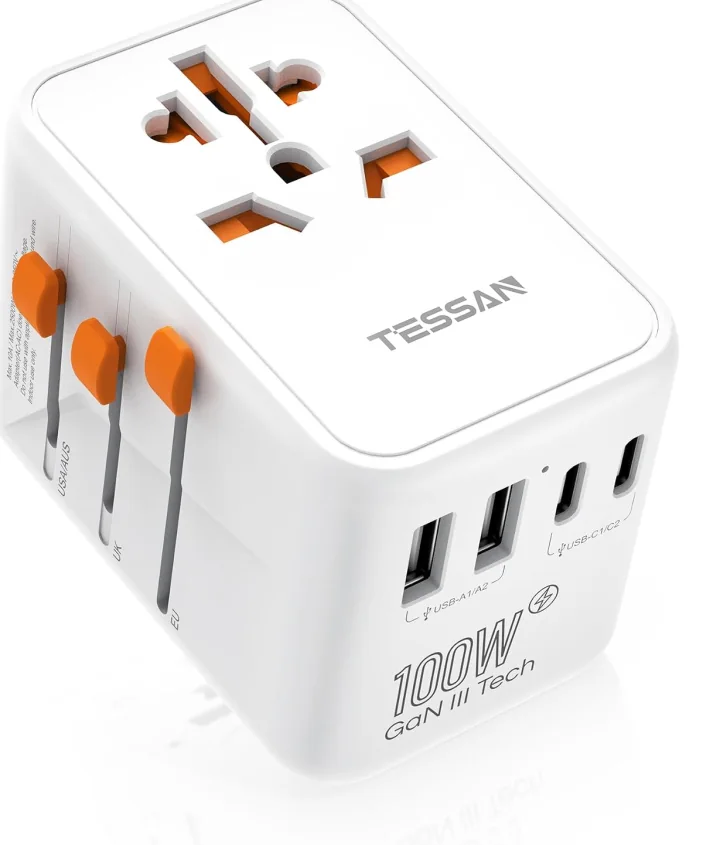 Tessan universal travel adapter with sliding US, UK and EU plugs, two USB-A and two USB-C ports