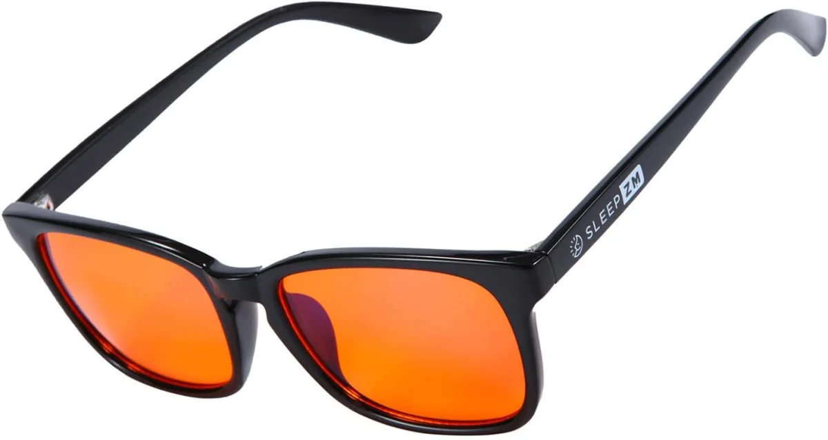 Sleep ZM blue light blocking glasses, black frames with orange lenses