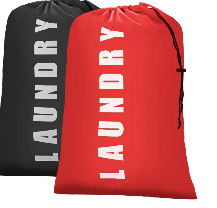 Two drawstring laundry bags, one black and one red